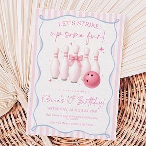 Pink Bowling Birthday Invitation Strike up Some Fun Pink Bow Bowling Girl Birthday Invite Preppy Bowling Invite Editable Canva Template image 1