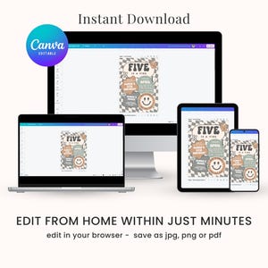 May include: A digital mockup showing a printable birthday party sign that says "Five is a Vibe". The sign is in a retro style with a checkered background and colourful shapes. The sign is shown on a laptop, tablet, and phone screen.