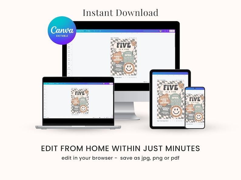 May include: A digital mockup showing a printable birthday party sign that says "Five is a Vibe". The sign is in a retro style with a checkered background and colourful shapes. The sign is shown on a laptop, tablet, and phone screen.