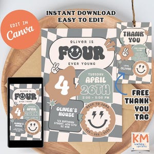 Editable Four Ever Young Fourth Birthday Invitation, Retro Checkered Invite Template, 4th Boy Invite, Smiley Face, Digital Instant Download