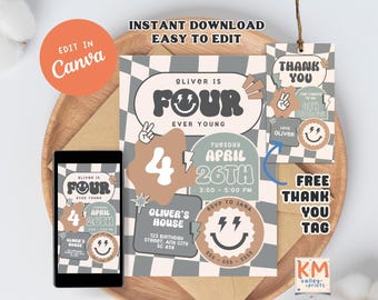 Bewerkbare Four Ever Young vierde verjaardagsuitnodiging, retro geruite uitnodigingssjabloon, 4e jongen uitnodigen, smiley, digitale Instant Download