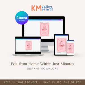 May include: Editable Canva template for a birthday party invitation. The invitation features a pink background with a white cake and the text "Olivia's Birthday" in red.