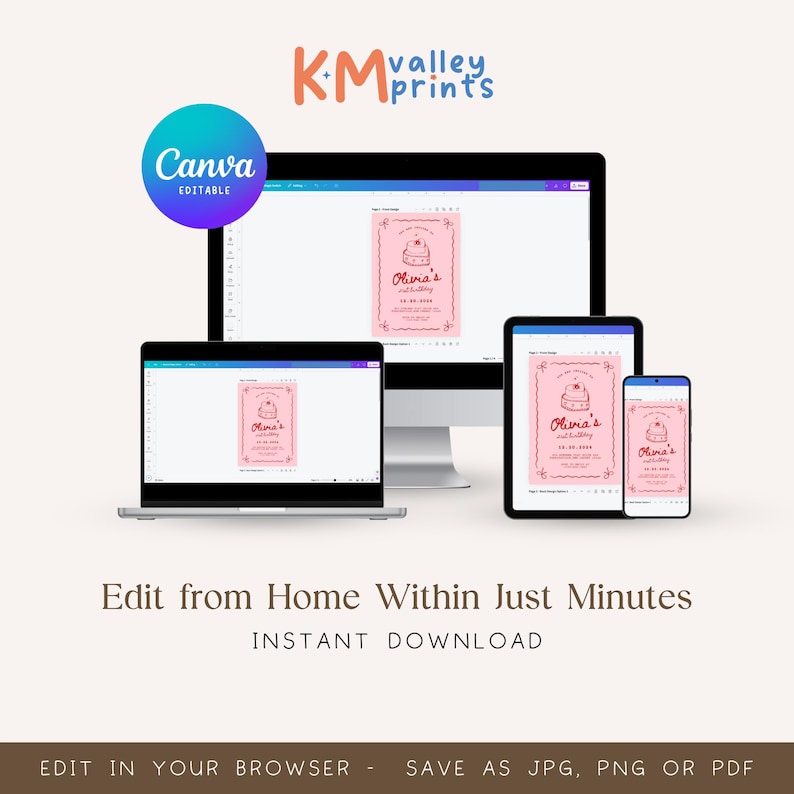 May include: Editable Canva template for a birthday party invitation. The invitation features a pink background with a white cake and the text "Olivia's Birthday" in red.