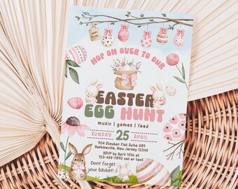 Easter Egg Hunt Invitation Easter Party Printable Invite Watercolor Easter Eggs Cute Bunnies Easter Invitation Easter Hunt Kids Party Peeps