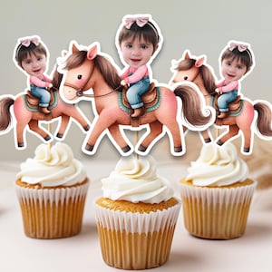 Toppers de cupcake de rosto personalizado, topper de cupcake de cowgirl de rodeio, decorações de festa personalizadas, decoração de aniversário de rosto, toppers de cupcake de rodeio ocidental