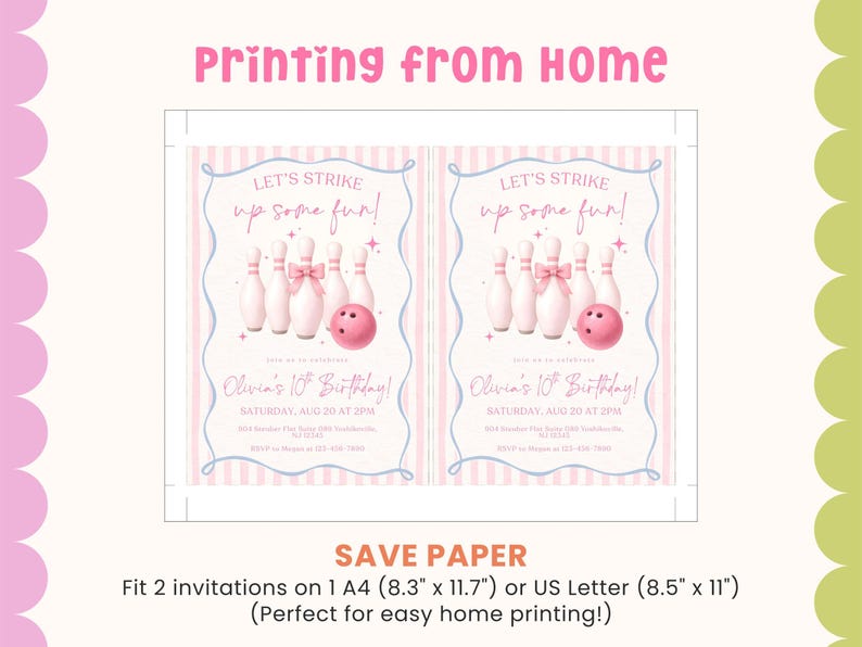 Pink Bowling Birthday Invitation Strike up Some Fun Pink Bow Bowling Girl Birthday Invite Preppy Bowling Invite Editable Canva Template image 4