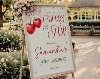 Cherry Birthday Welcome Sign Cherry on Top Welcome Sign Bow Coquette Birthday Party Sign Berry Welcome Sign Modern Birthday Girl Pink Decor