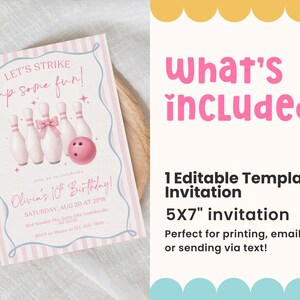 Pink Bowling Birthday Invitation Strike up Some Fun Pink Bow Bowling Girl Birthday Invite Preppy Bowling Invite Editable Canva Template image 7