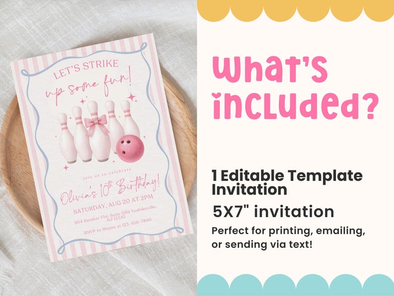 Pink Bowling Birthday Invitation Strike up Some Fun Pink Bow Bowling Girl Birthday Invite Preppy Bowling Invite Editable Canva Template image 7