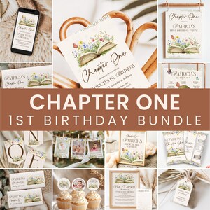May include: A set of printable digital files for a first birthday party with a book theme. The design features a watercolour illustration of an open book with flowers and the text "Chapter One". The files include invitations, banners, cupcake toppers, and other party decorations.