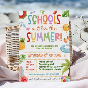 Invitación a fiesta de fin de año escolar Invitación a fiesta de verano Invitación para salidas escolares de niños Invitación a fiesta de verano en la piscina para niños Invitación de verano imprimible