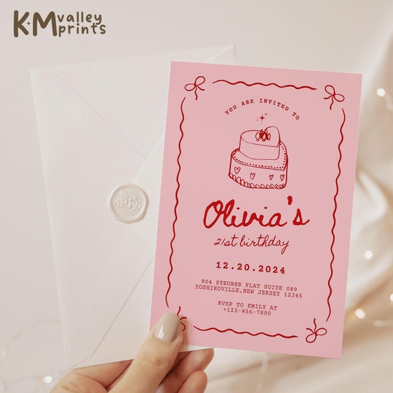 Coquette Invitation Hand Drawn Invite 21st Birthday Invitation Editable Retro Cake Birthday Party Invite Red Bow Invitation Digital Template