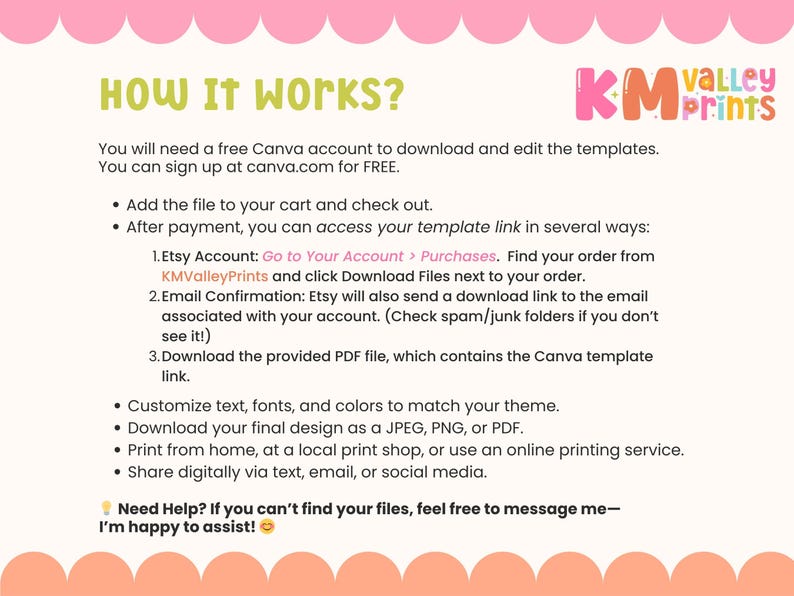 May include: A light beige graphic with the text "How It Works?" and instructions for downloading and editing templates using Canva. The instructions include steps for accessing the template link after purchase and customizing the design.