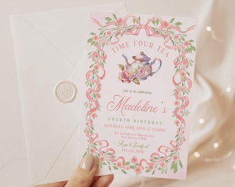 May include: A pink and green tea party invitation with a watercolor illustration of a teapot and flowers. The text reads "Time Four Tea" and "Madeline's Fourth Birthday".