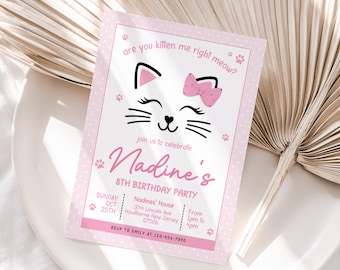 Kitty katten uitnodigen bewerkbare verjaardagsuitnodiging katten roze partij kitten katten verjaardagsfeestje thema kat verjaardag meisje kat miauw partij afdrukbare