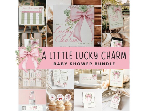 Lucky Charm Shower Baby Invitation BUNDLE Pink Bow Baby Girl Shower St Patrick Invite Coquette Lucky Charm St Paddys Baby Shower Printables