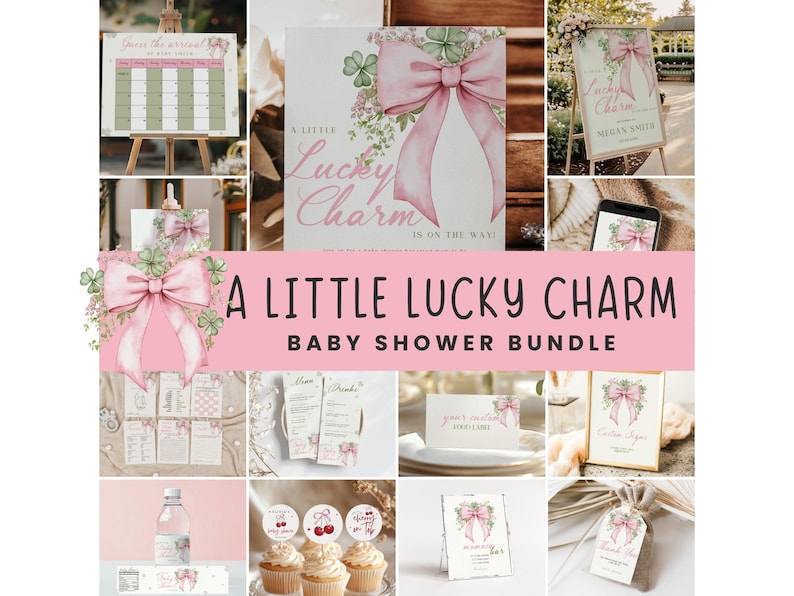 May include: A collage of baby shower decorations with a pink and green theme. The text "A Little Lucky Charm Baby Shower Bundle" is displayed. Items include invitations, cupcake toppers, and a sign.