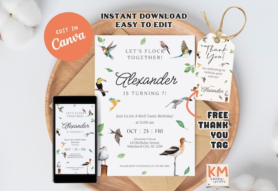 Bird Nerd Birthday Party Invitation Template Bird-Tastic Birthday Digital Invite Bird Themed Birthday Party Editable Template for Bird Lover