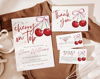 Cherry Baby Shower Invitation Set Cherry on Top Invite Coquette Invite Pink Bow with Berries Invitation Modern Girl Baby Shower Invite Set