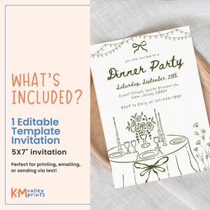 May include: A 5x7 inch invitation template for a dinner party. The invitation features a hand-drawn illustration of a table setting with candles and flowers. The text includes the date, time, and RSVP information. The invitation is perfect for printing, emailing, or sending via text.