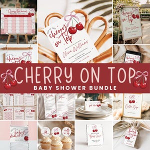 Cherry Baby Shower Bundle Cherry on Top Baby Girl Shower Set Coquette Cherry Pink Bow Baby Shower Girl Set Party Pink Cherry Bows Printable