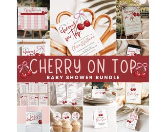 Cherry Baby Shower Bundle Cherry on Top Baby Girl Shower Set Coquette Cherry Pink Bow Baby Shower Girl Set Party Pink Cherry Bows Printable