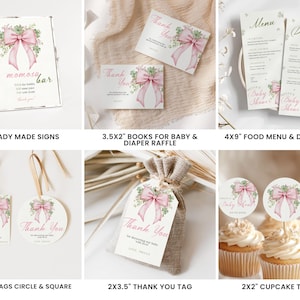 May include: A collection of baby shower stationery items, including signs, menus, favor tags, and cupcake toppers. Each item features a watercolor design with a pink bow, greenery, and the words "Thank You" or "Baby Shower".