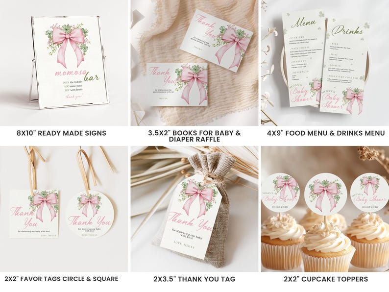 May include: A collection of baby shower stationery items, including signs, menus, favor tags, and cupcake toppers. Each item features a watercolor design with a pink bow, greenery, and the words "Thank You" or "Baby Shower".