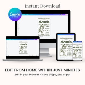 May include: Editable digital invitation for a child's third birthday party. The invitation features a green dinosaur with the text "Oliver is Three Rex!" and a black and white striped background.