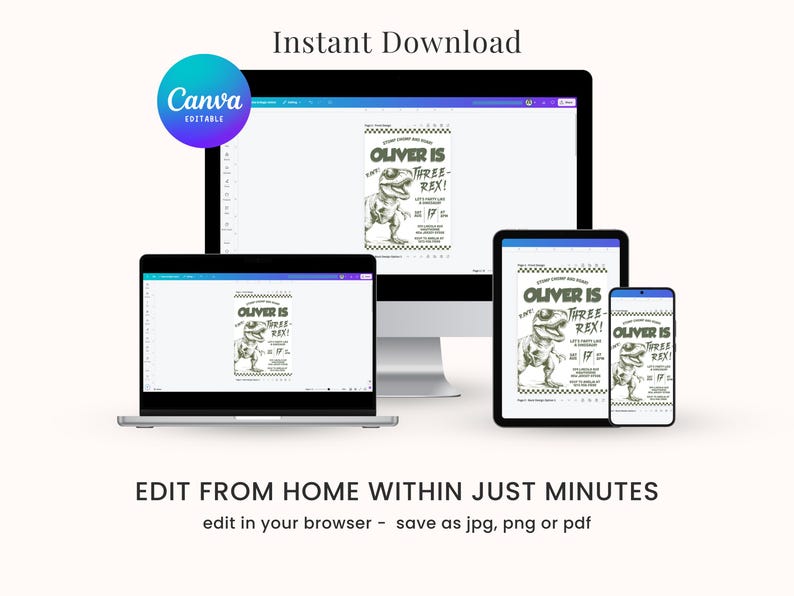 May include: Editable digital invitation for a child's third birthday party. The invitation features a green dinosaur with the text "Oliver is Three Rex!" and a black and white striped background.