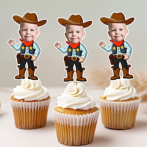 Topper per cupcake con volti personalizzati, topper per cupcake con cowboy da rodeo, decorazioni per feste personalizzate, decorazioni per compleanni con volti, topper per cupcake con rodeo western