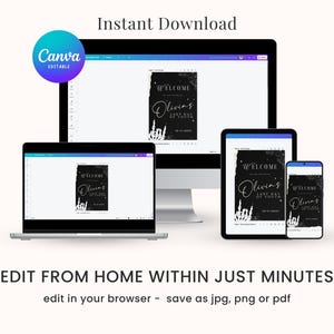 May include: A digital mockup showing a black and white printable sign with the text "Welcome Olivia's Last Day of Youth". The sign is displayed on a laptop, tablet, and smartphone screen. The text "Instant Download" and "Edit from Home Within Just Minutes" is also displayed on the image.