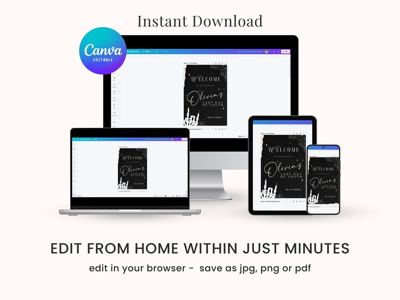 May include: A digital mockup showing a black and white printable sign with the text "Welcome Olivia's Last Day of Youth". The sign is displayed on a laptop, tablet, and smartphone screen. The text "Instant Download" and "Edit from Home Within Just Minutes" is also displayed on the image.