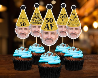 50th Birthday Custom Face Cupcake Toppers Personalized Gold Black Party Hat Cupcake Face Topper 50th Birthday Decor Digital File