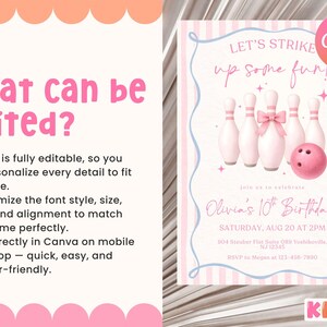 Pink Bowling Birthday Invitation Strike up Some Fun Pink Bow Bowling Girl Birthday Invite Preppy Bowling Invite Editable Canva Template image 8