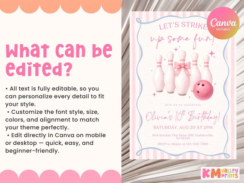 Pink Bowling Birthday Invitation Strike up Some Fun Pink Bow Bowling Girl Birthday Invite Preppy Bowling Invite Editable Canva Template image 8