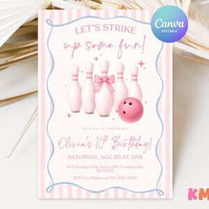 Pink Bowling Birthday Invitation Strike up Some Fun Pink Bow Bowling Girl Birthday Invite Preppy Bowling Invite Editable Canva Template image 9