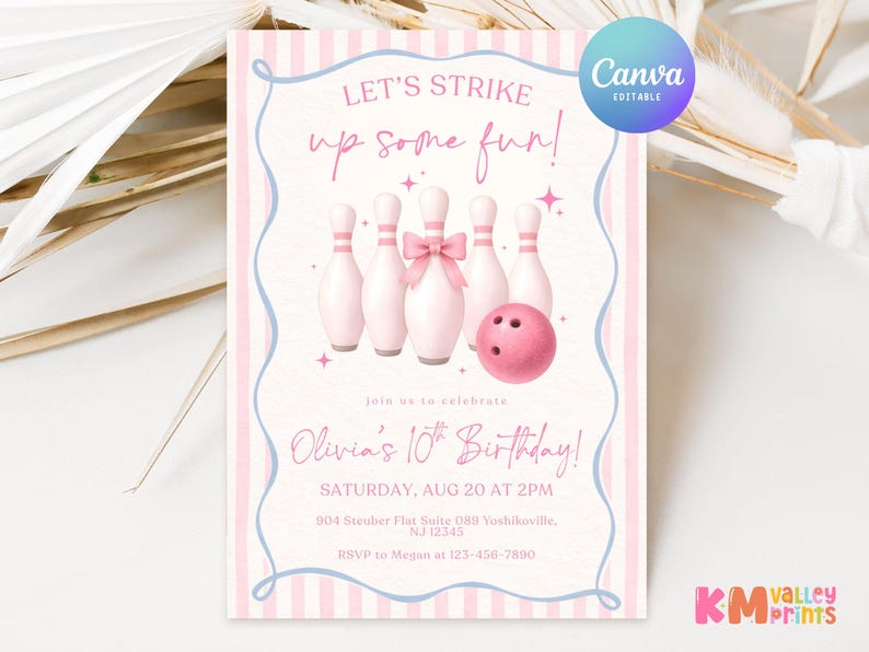 Pink Bowling Birthday Invitation Strike up Some Fun Pink Bow Bowling Girl Birthday Invite Preppy Bowling Invite Editable Canva Template image 9