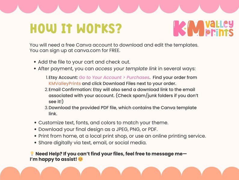 May include: A light pink graphic with the text "How It Works?" and instructions for downloading and editing templates. The instructions include steps for accessing the template link via Etsy and email. The KM Valley Prints logo is in the top right corner.