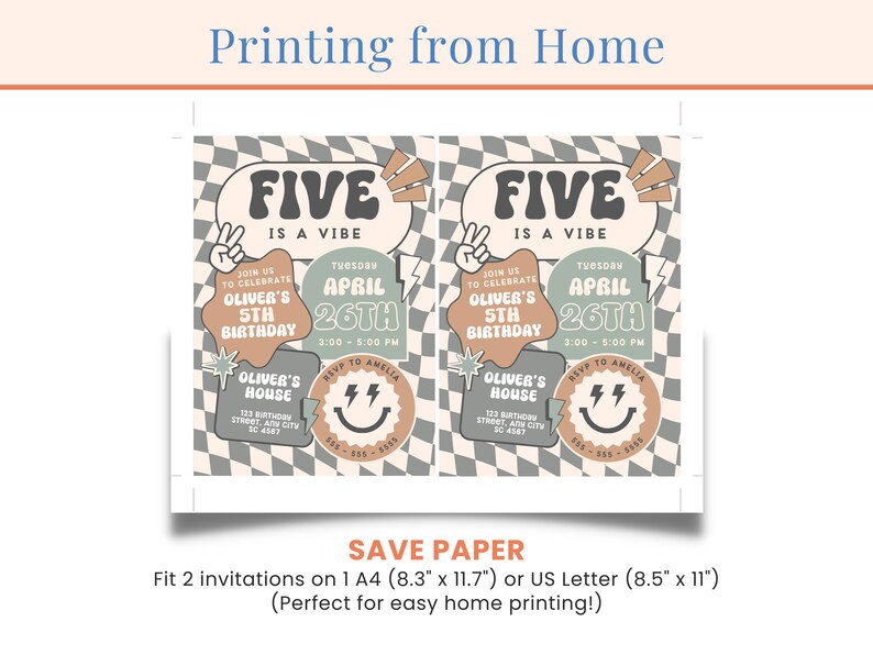 May include: Two printable invitations for a 5th birthday party. The invitations are designed in a retro style with a checkered background and the text "Five is a Vibe". The invitations include the date, time, and location of the party.
