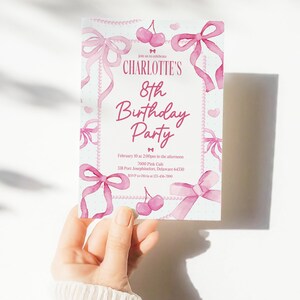 Pink Bow Invitation Cherry Coquette Invite Cute Girly Birthday Invitation Editable Pink Coquette Bow Party Printable Invite Instant Download image 2