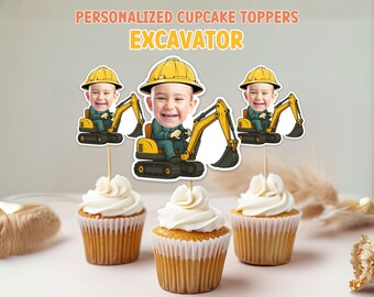 Excavator Personalized  Face Cupcake Toppers Custom Face Construction Decor Cupcake Construction Toppers