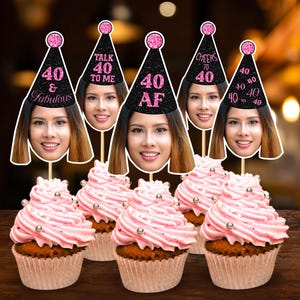 40th Birthday Custom Face Cupcake Toppers Personalized Black Pink Party Hat Cupcake Face Topper 40th Birthday Decor Digital File