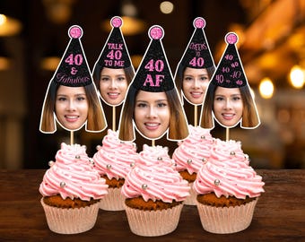 40th Birthday Custom Face Cupcake Toppers Personalized Black Pink Party Hat Cupcake Face Topper 40th Birthday Decor Digital File