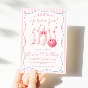 Pink Bowling Birthday Invitation Strike up Some Fun Pink Bow Bowling Girl Birthday Invite Preppy Bowling Invite Editable Canva Template image 5