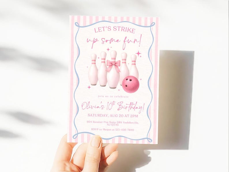 Pink Bowling Birthday Invitation Strike up Some Fun Pink Bow Bowling Girl Birthday Invite Preppy Bowling Invite Editable Canva Template image 5
