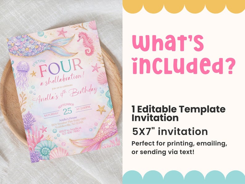 Mermaid 4th Birthday Invitation Editable Mermaid Bash Under the Sea Invite Girl Fourth Birthday Invitation Mermaid Bash Party Canva Template image 6