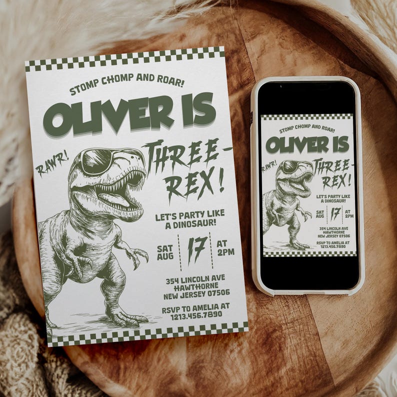May include: Green and white birthday party invitation with a cartoon dinosaur wearing sunglasses. The invitation says "Oliver is Three-Rex!" and includes the date, time, and location of the party.