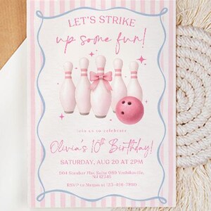 Pink Bowling Birthday Invitation Strike up Some Fun Pink Bow Bowling Girl Birthday Invite Preppy Bowling Invite Editable Canva Template image 11