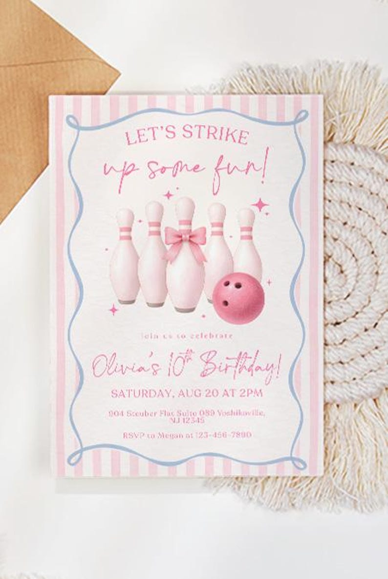 Pink Bowling Birthday Invitation Strike up Some Fun Pink Bow Bowling Girl Birthday Invite Preppy Bowling Invite Editable Canva Template image 11